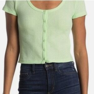 Elodie Anthropologie Waffle Knit Cropped Button Down‎ Lime Green Tee NEW Large